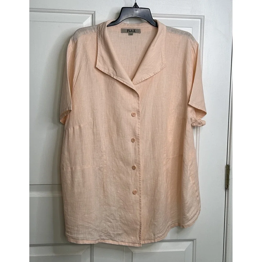 FLAX Brand Short Sleeve Shirt Women's 1G (18-20) Linen Button Front Pale Salmon